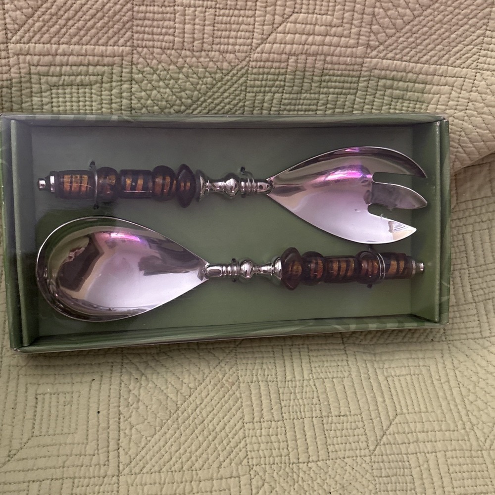 Glass Beaded Salad Servers Amber Fork Spoon Set By Home Studio Monterey NIB